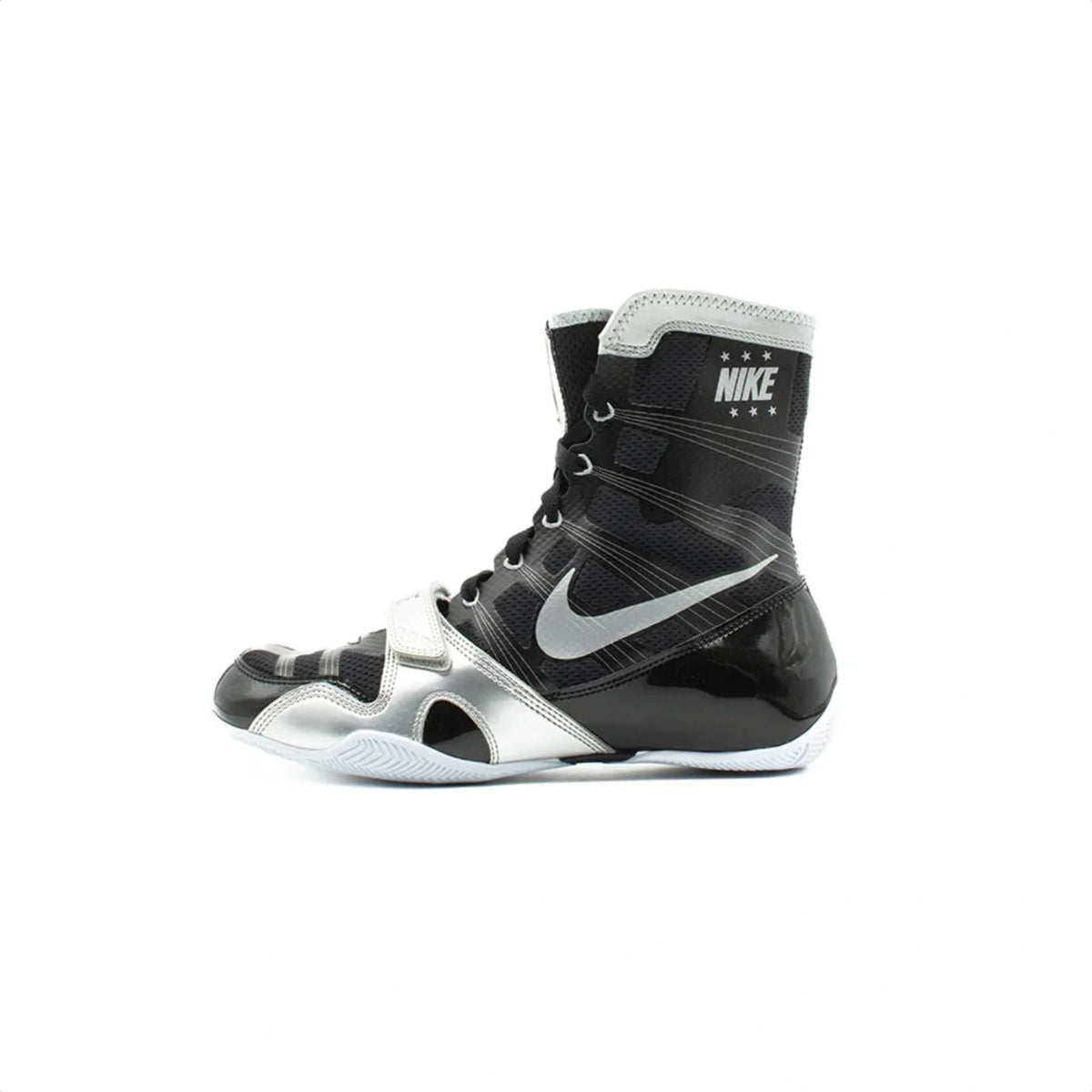 Medial profile view of Nike Hyperko 1 displaying metallic silver overlay and lacing structure