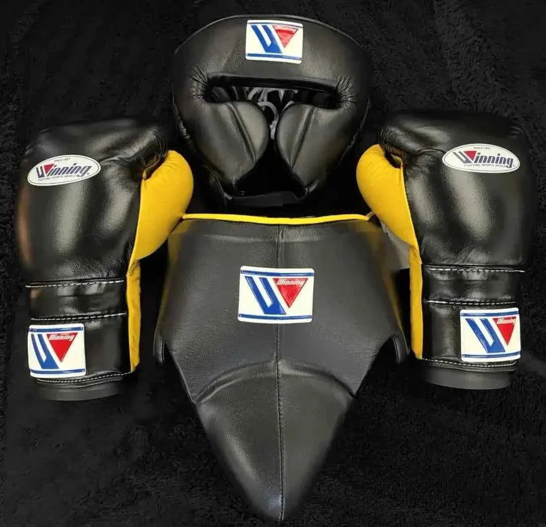 Winning Professional Boxing Training Set - Custom Black & Metallic Gold (Gloves, Headgear & Groin Guard) - PunchPro Boxing