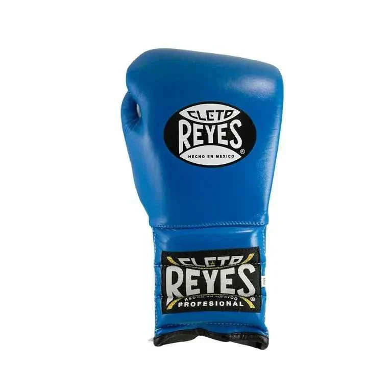 Official Cleto Reyes professional lace-up training boxing gloves in royal blue leather featuring a white inner palm panel, a black lace border panel with white laces, and traditional brand markings.