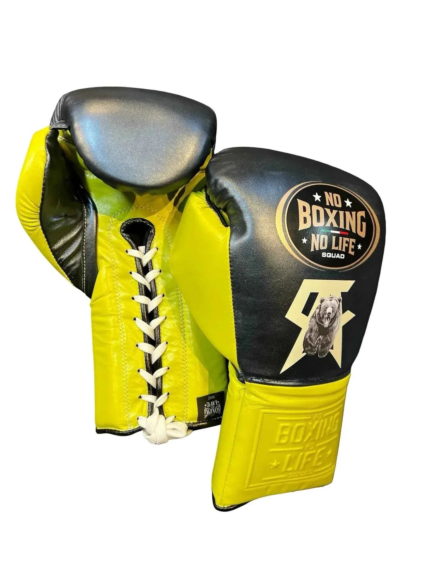 Authentic Black and Yellow No Boxing No Life professional boxing gloves featuring the grizzly bear graphic and official branding.