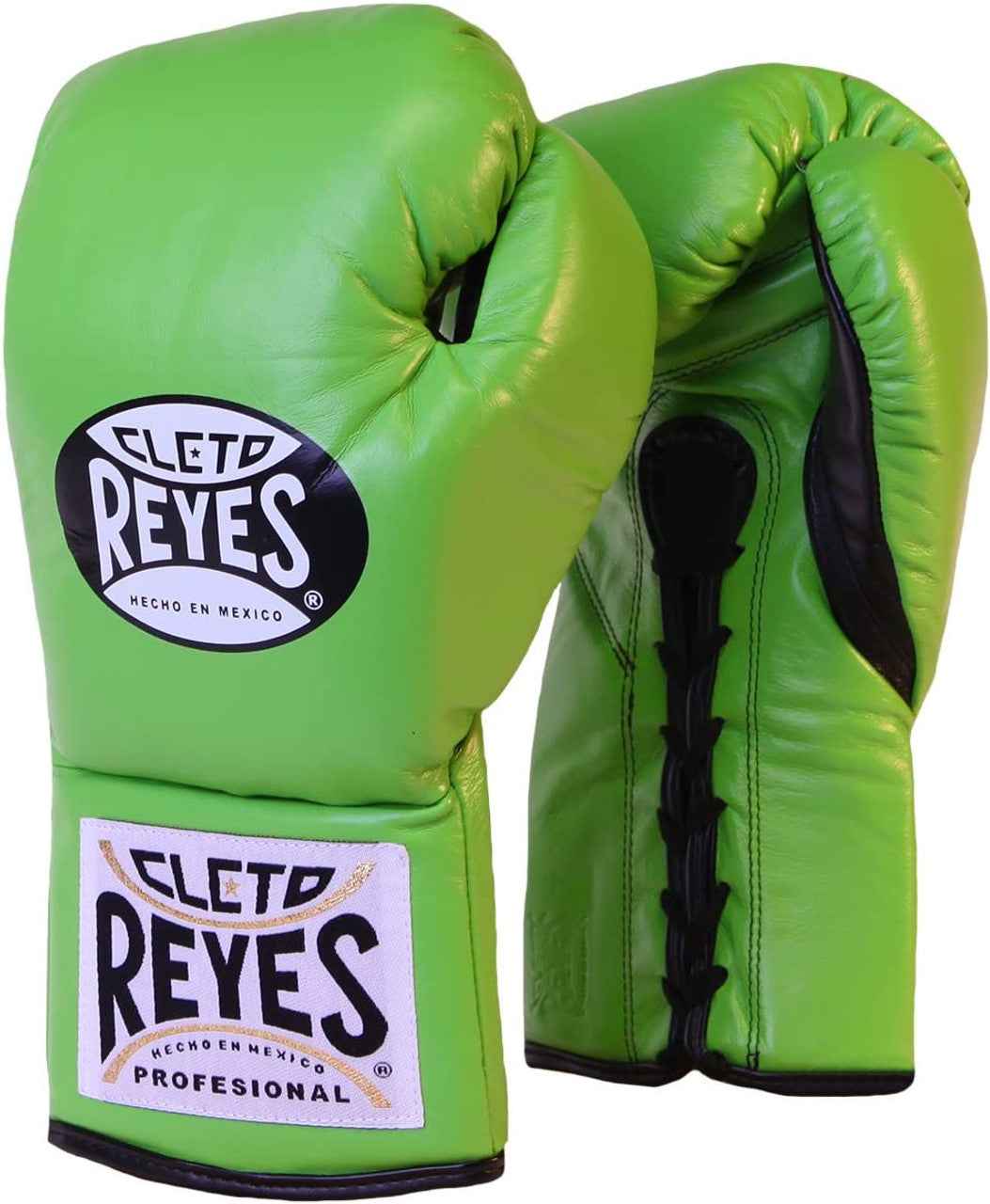 Official Cleto Reyes professional lace-up training boxing gloves in lime green leather featuring a black inner thumb panel, black laces, and the traditional white and black brand patches.