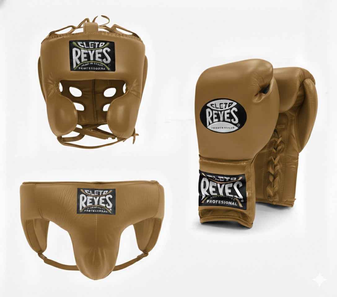 Official Cleto Reyes professional 3-piece boxing sparring gear set featuring matching lace-up gloves, a cheek protector headguard, and a groinguard in uniform luxury khaki tan leather.