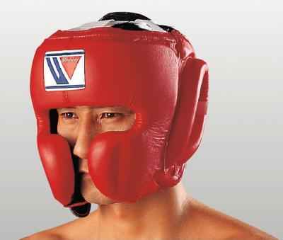 Official Winning FG-2900 professional boxing cheek-protection headgear in classic red leather featuring the iconic brand logo crest patch centered on the forehead.