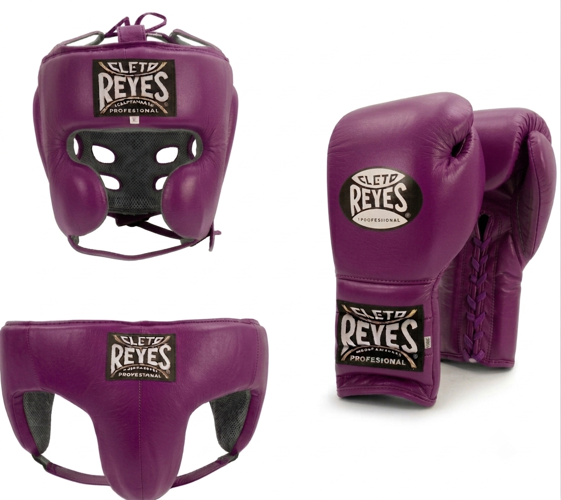Cleto Reyes Royal Purple 3-piece boxing sparring set with lace-up gloves, headguard, and groinguard