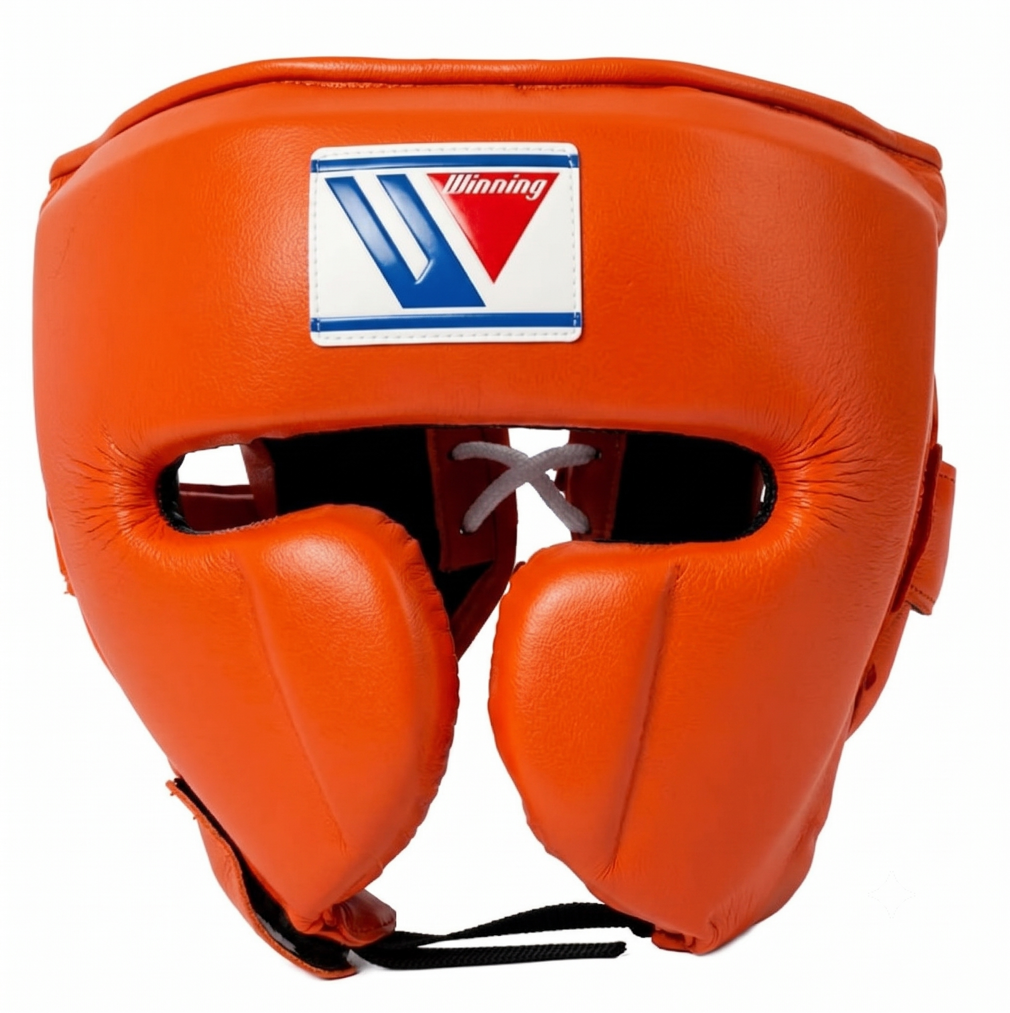 Bright orange boxing headgear with a white, red, and blue Winning brand patch on the forehead, shown against a plain white background.
