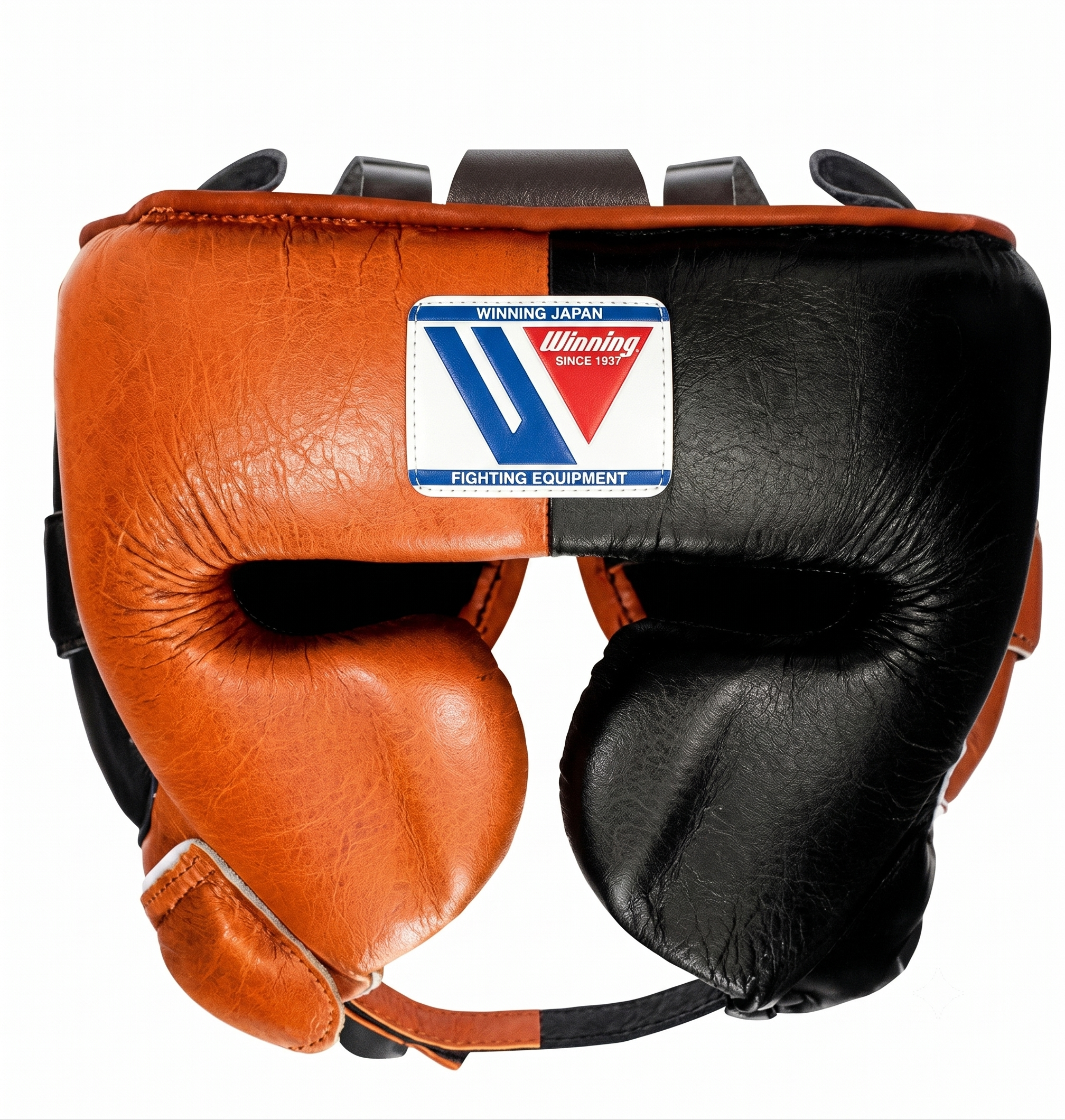 A split-color leather boxing headgear by Winning, featuring one side in brown and the other in black, with a prominent brand patch on the forehead.