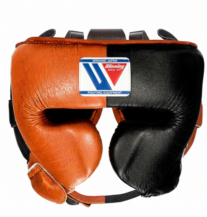 Winning orange and black leather boxing headgear with FG-2900 style cheek protection