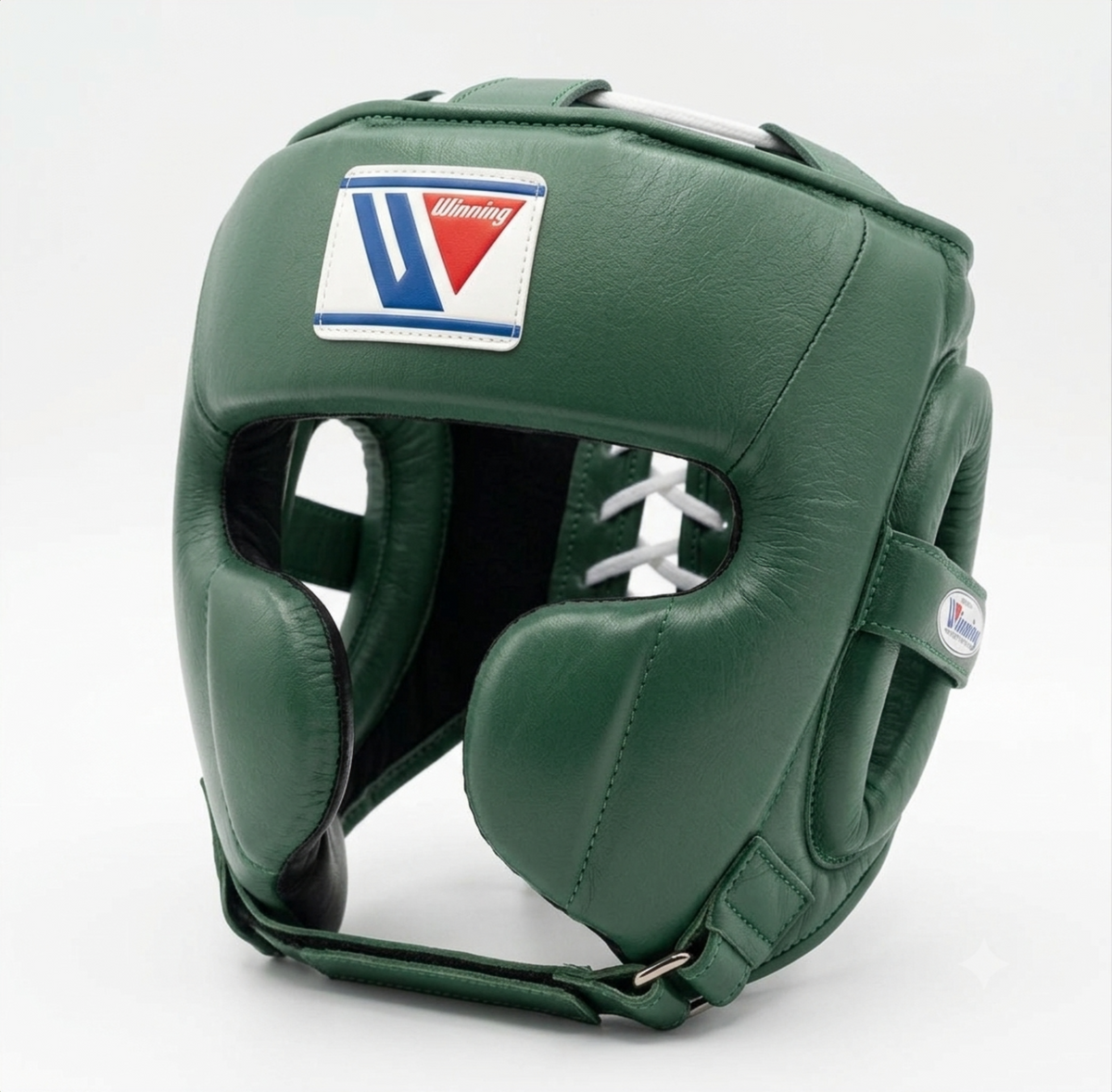 Winning FG-2900 Forest Green boxing headgear with brand logo patch on forehead