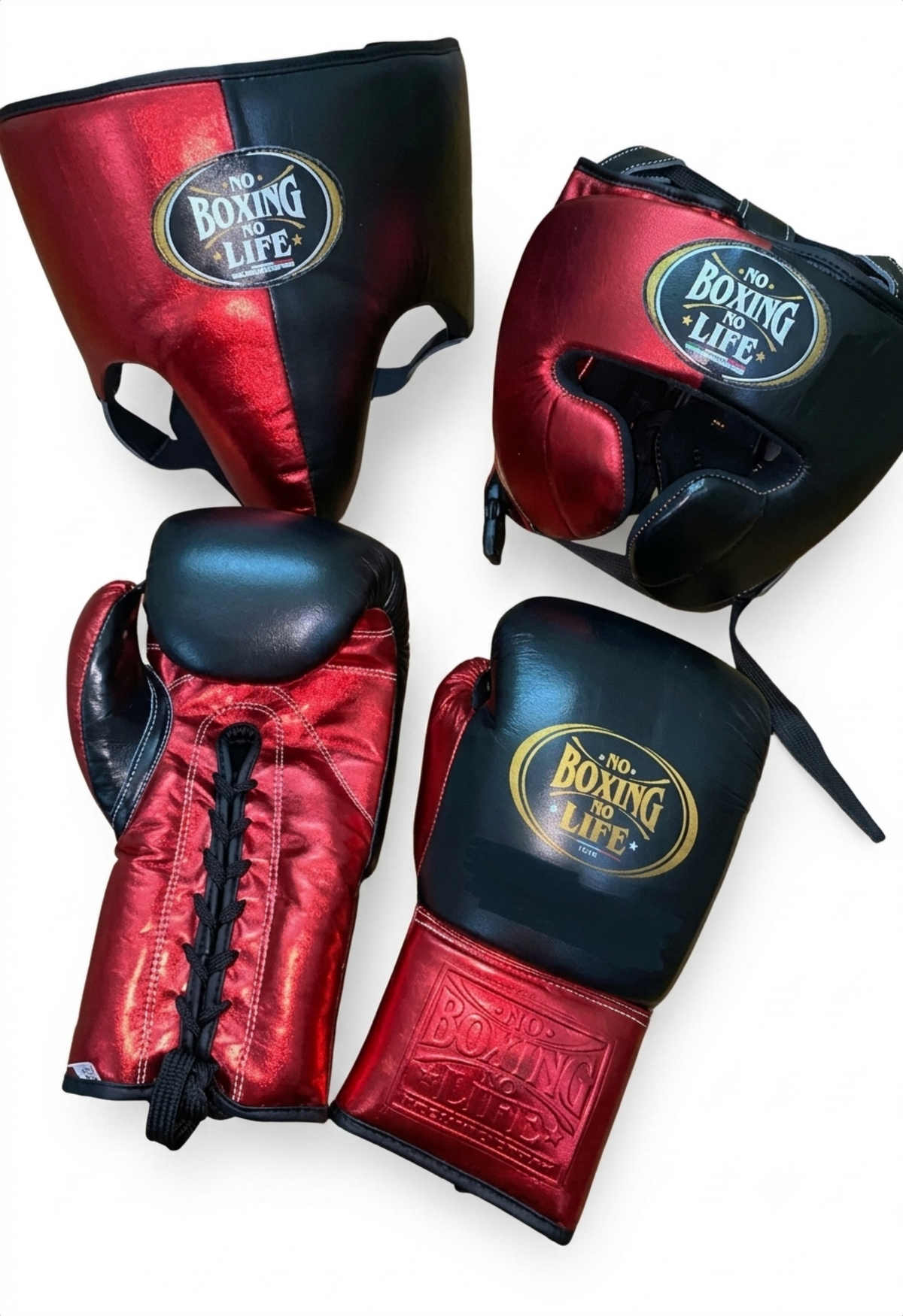 No Boxing No Life Metallic Red and Black Elite sparring set with headguard, gloves, and groin protector