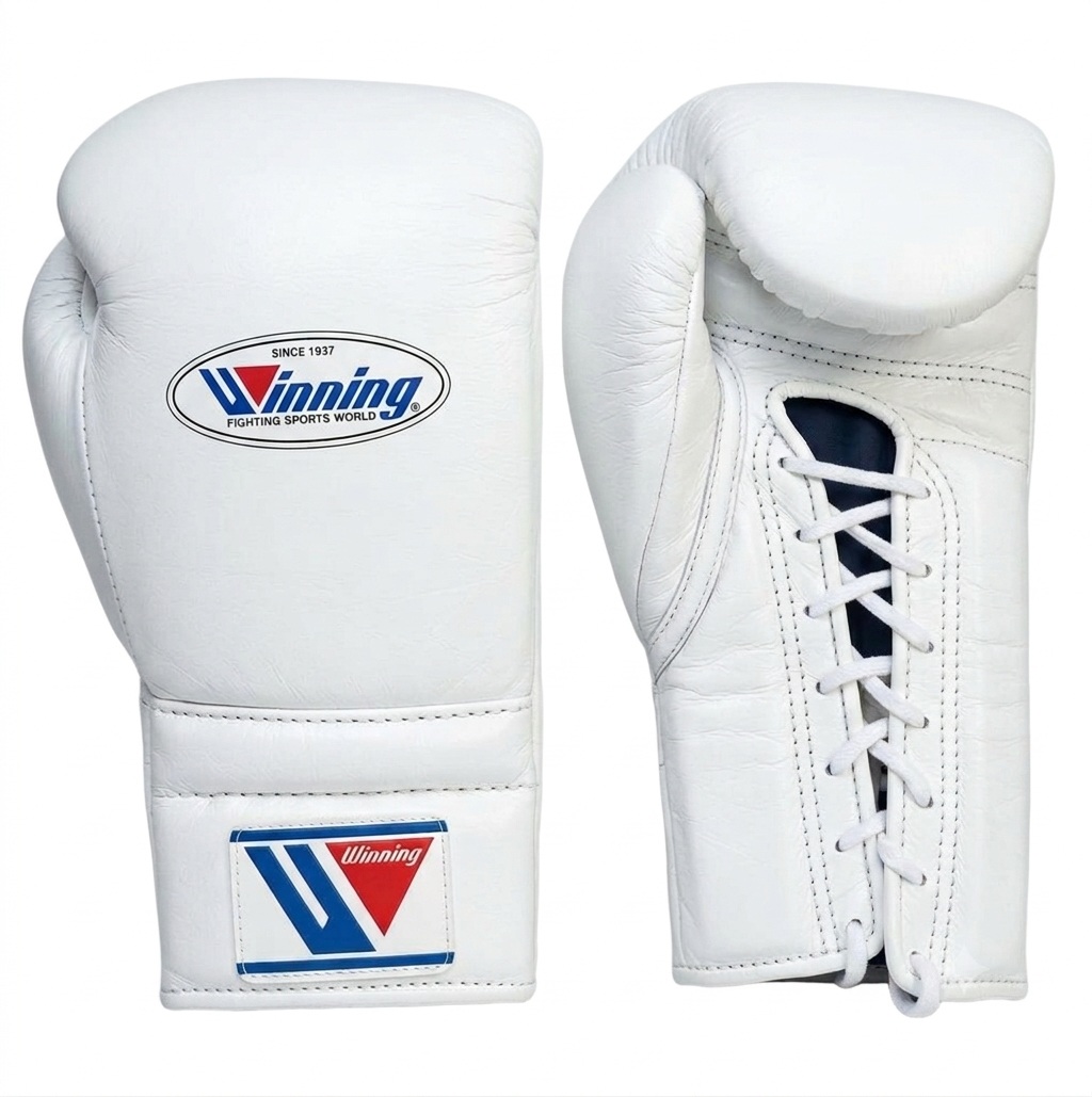 A pair of white leather Winning brand lace-up boxing gloves displayed side-by-side on a plain background, featuring the blue and red Winning logo patches.