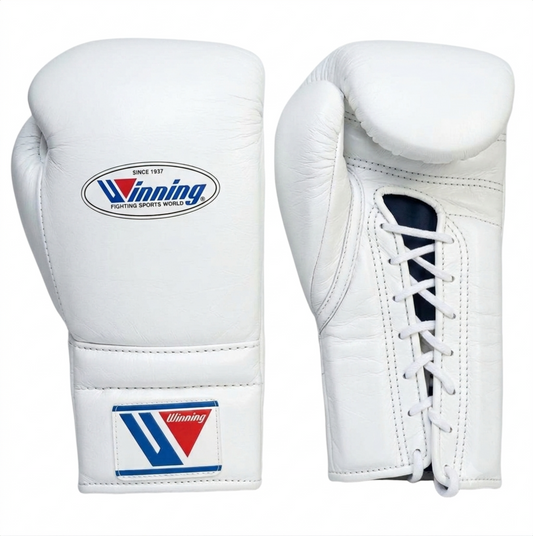 Winning classic white leather lace-up boxing training gloves from the 3-piece sparring set