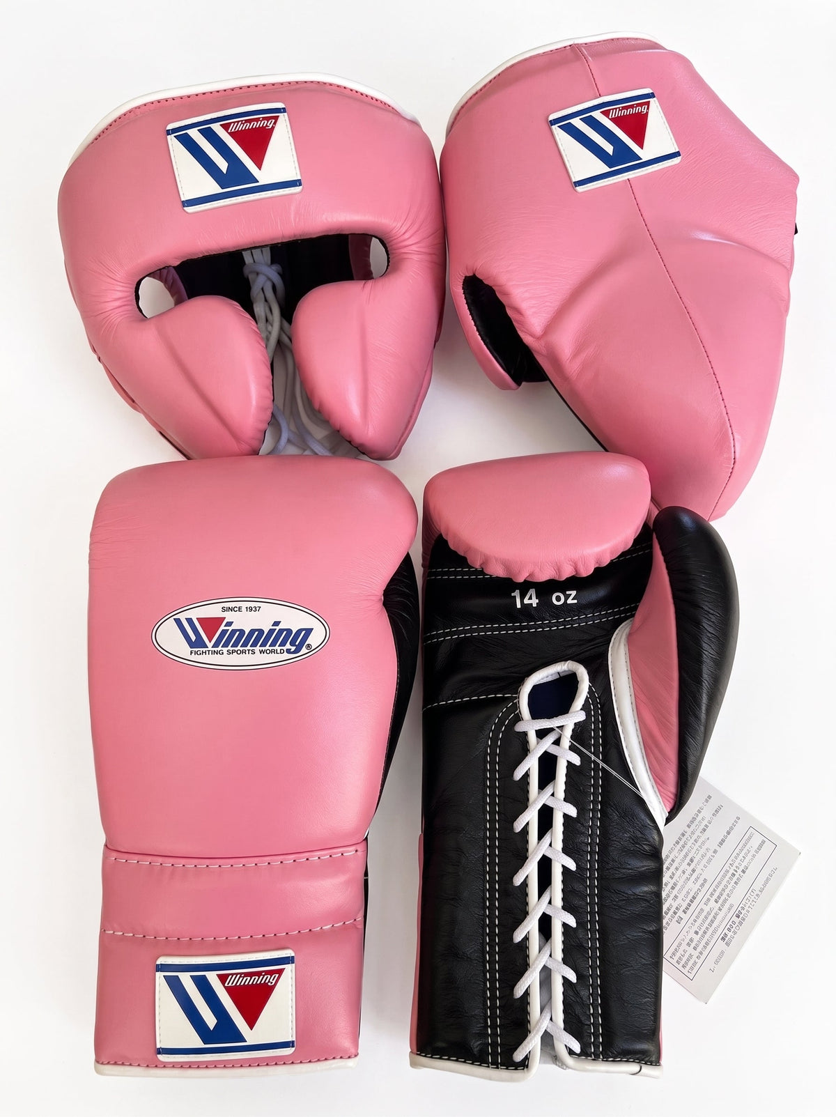 Winning Pink/Black 3-piece boxing sparring set with lace-up gloves, FG-2900 headgear, and CPS-500 groin guard