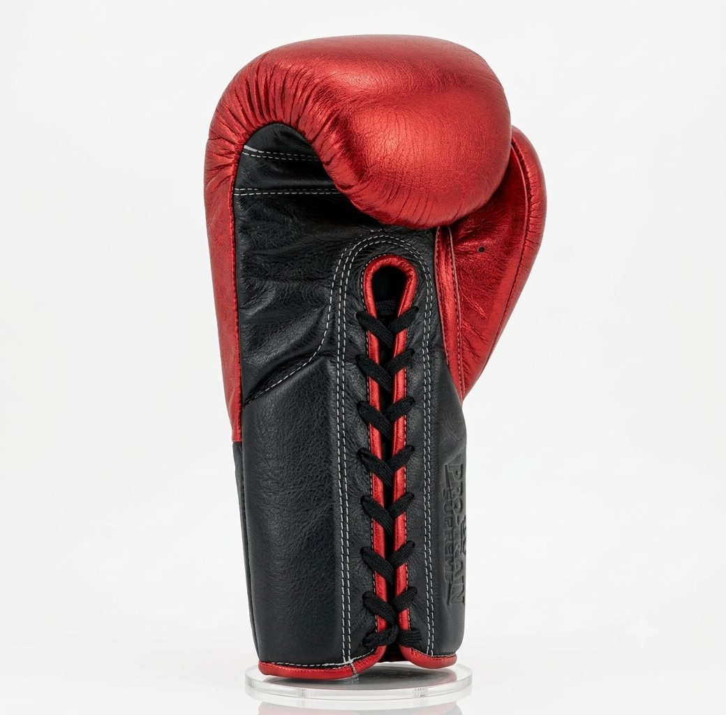 No Boxing No Life red and black leather boxing glove with red laces on display stand
