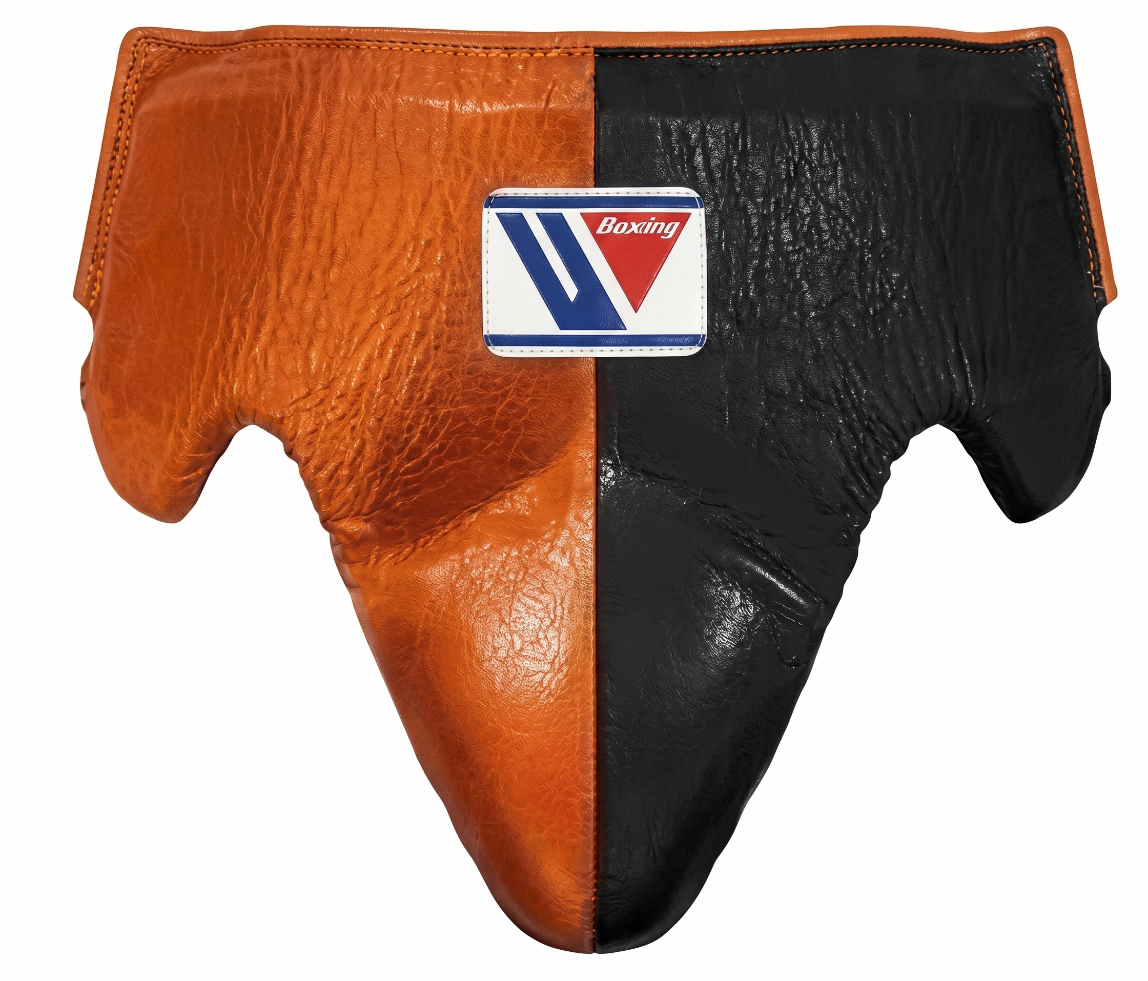 A split-color leather boxing headguard with one side in textured orange-brown leather and the other side in black leather, featuring a central white patch with the 'Boxing' brand logo.