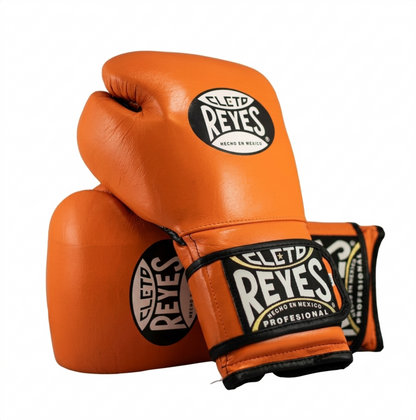 Cleto Reyes bright orange boxing gloves pair with black and white brand logo patches