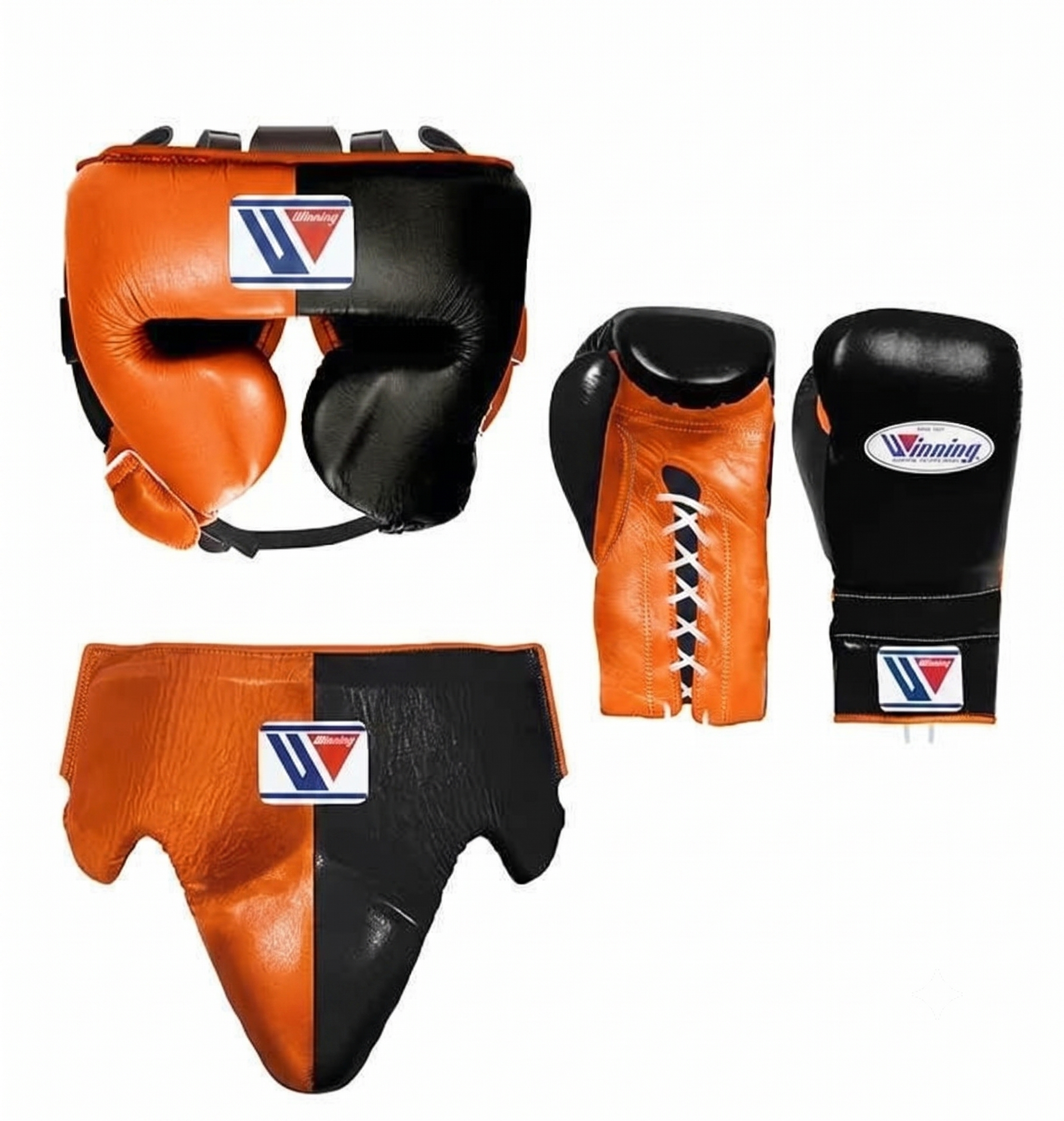 Boxing protective gear set including a headguard, gloves, and shin guards in orange and black with a visible Winning brand logo, displayed on a clean white background.