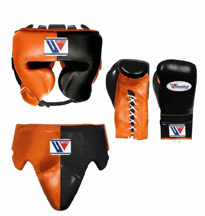 Winning Orange and Black 3-piece boxing sparring set with lace-up gloves, FG-2900 headgear, and CPS-500 groin guard