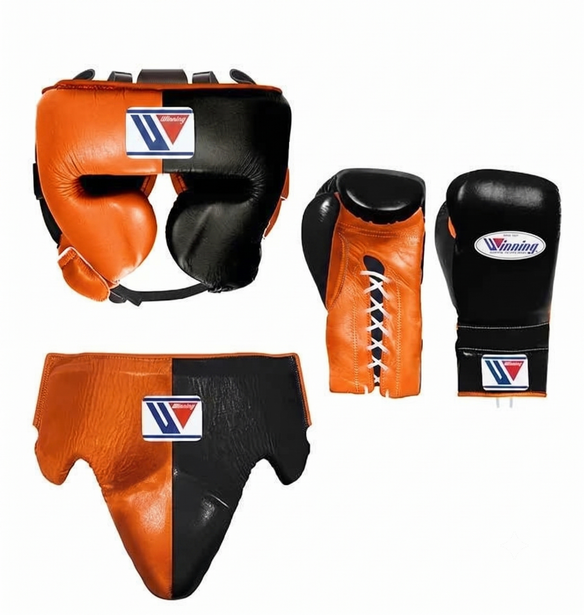 Boxing protective gear set including a headguard, gloves, and shin guards in orange and black with a visible Winning brand logo, displayed on a clean white background.