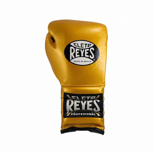 Single Cleto Reyes gold metallic leather boxing glove with black and white branding