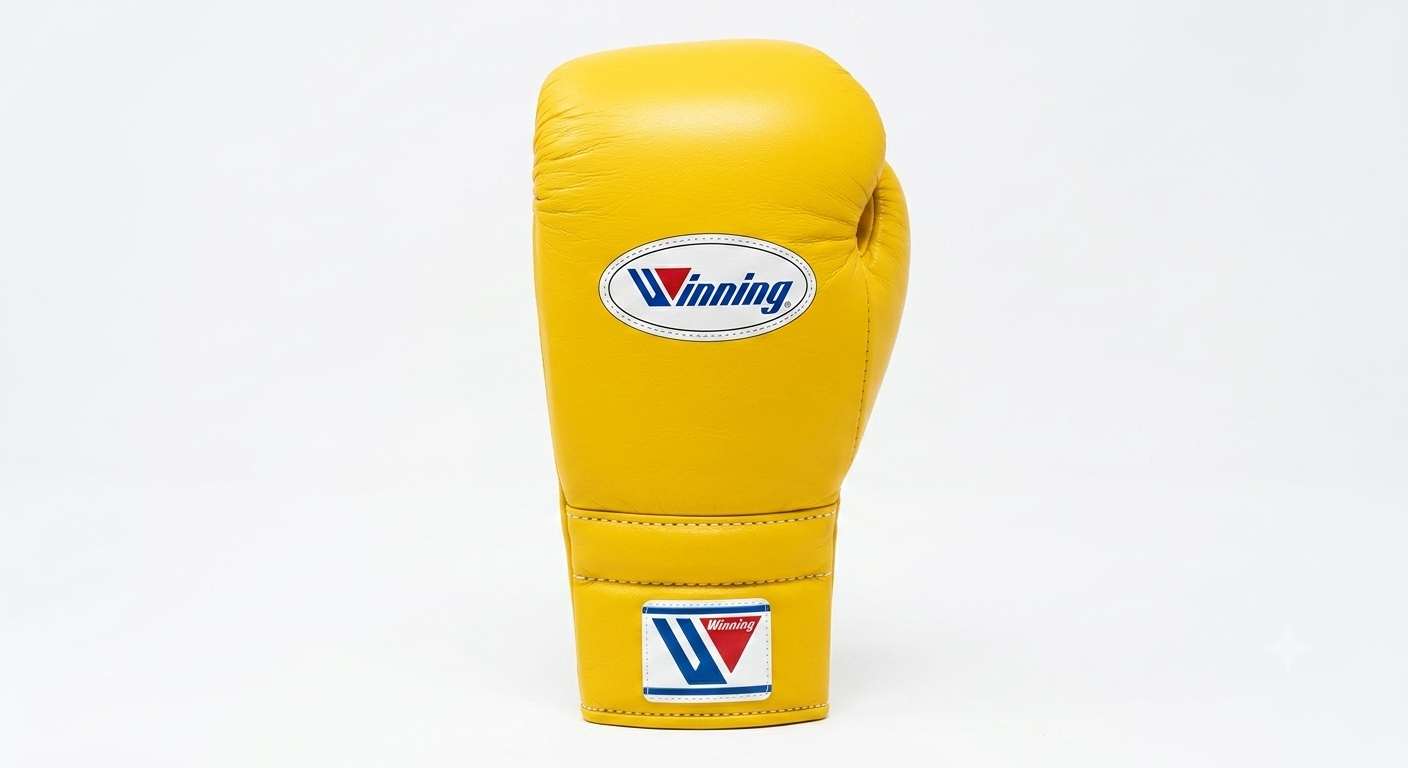 A single yellow boxing glove standing upright against a plain white background, featuring the Winning brand logo on the front and wrist strap.