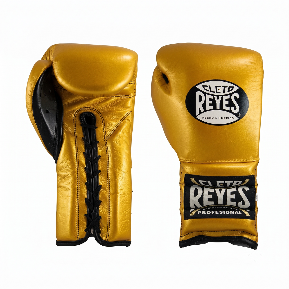Cleto Reyes Gold Metallic lace-up training boxing gloves pair front and back view