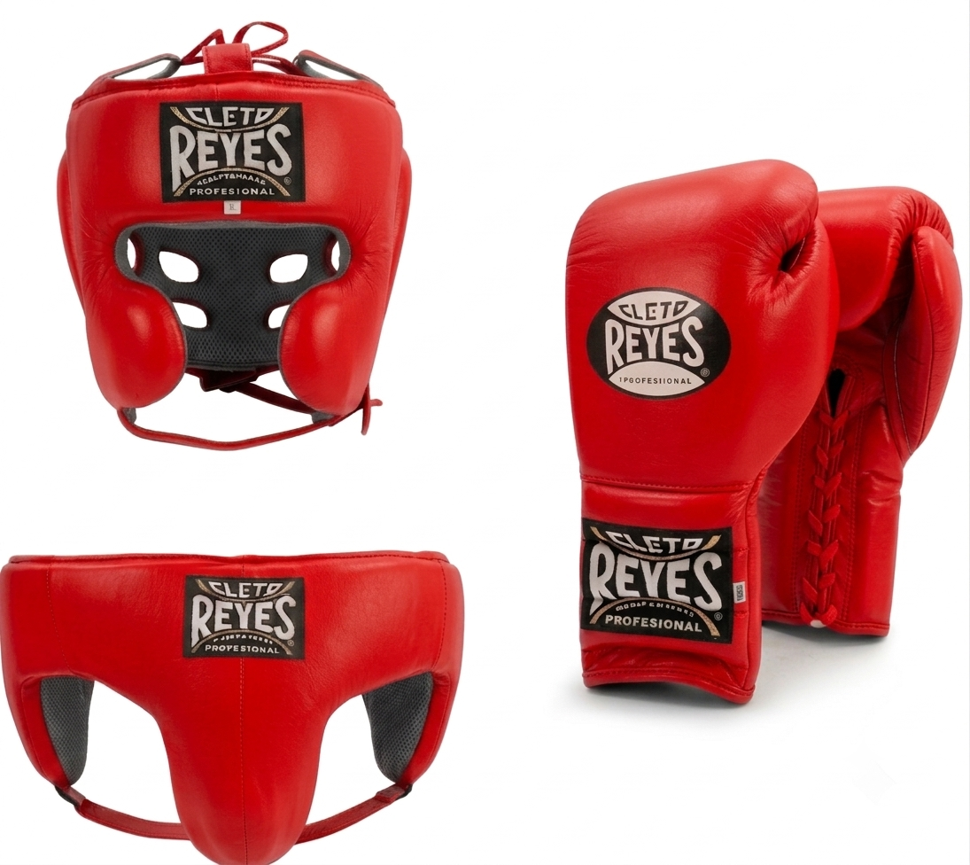 Classic red Cleto Reyes sparring set with red-corner gloves, headguard and groinguard