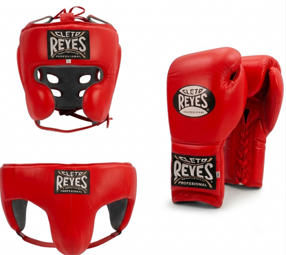 Classic red Cleto Reyes sparring set with red-corner gloves, headguard and groinguard