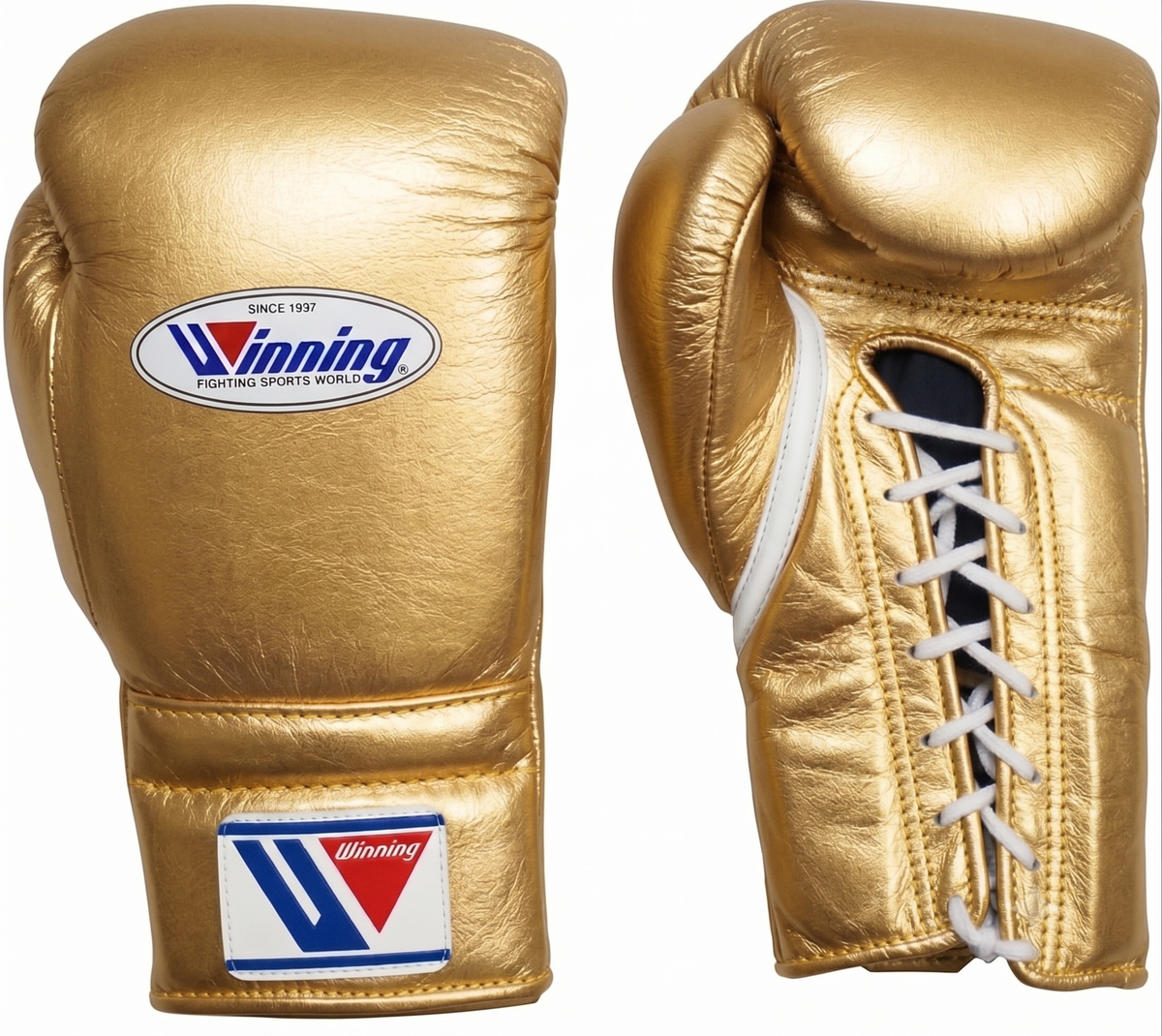 A pair of metallic gold leather lace-up boxing gloves displayed side-by-side on a plain background, showcasing a shiny metallic finish with white laces and the front brand patch.