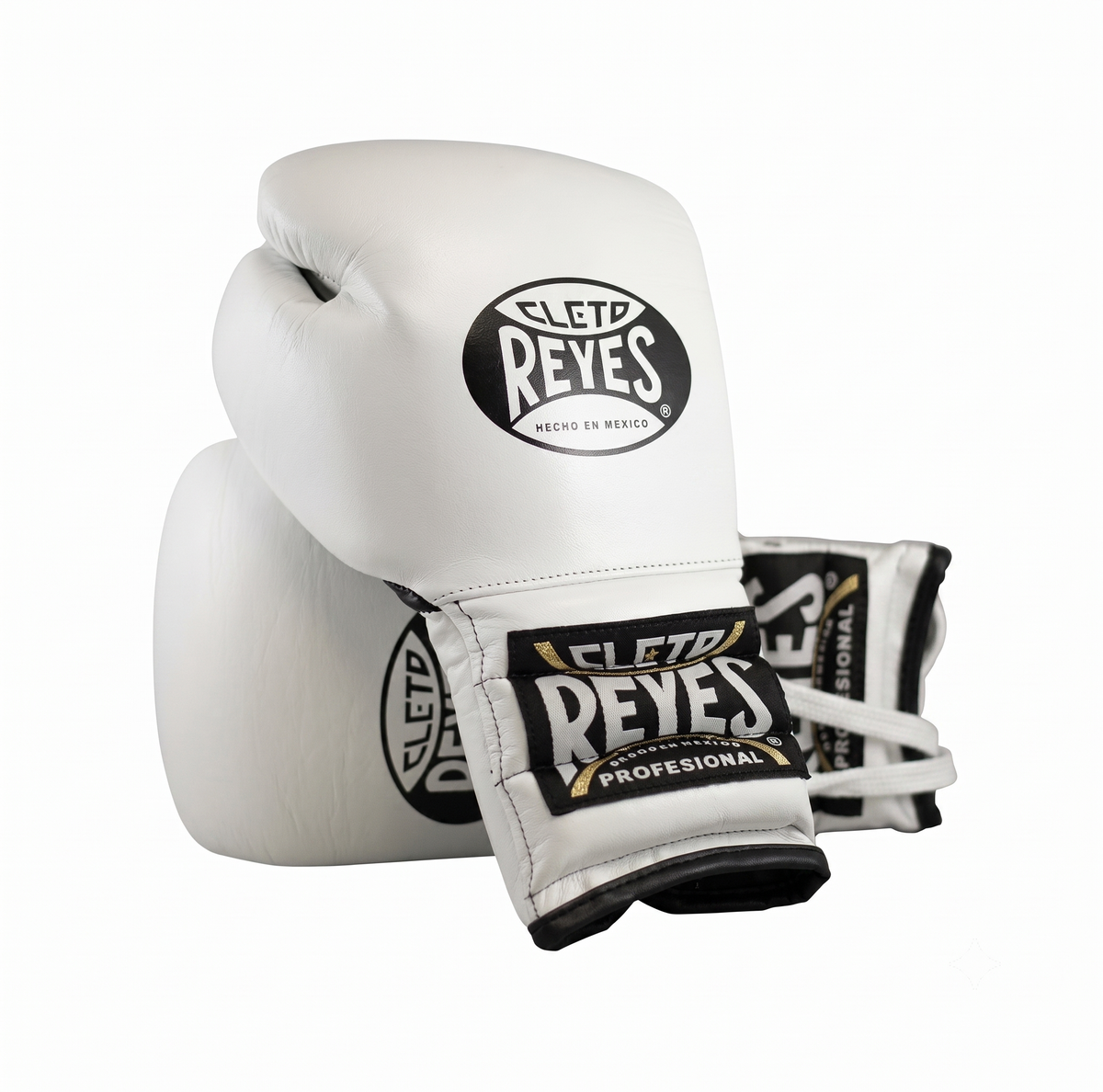 Cleto Reyes white boxing gloves pair with black and gold branding