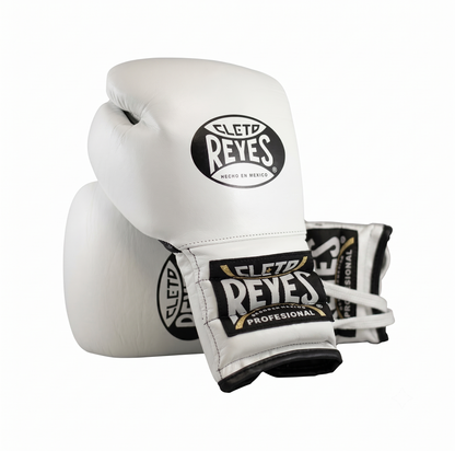 Cleto Reyes white boxing gloves pair with black and gold branding