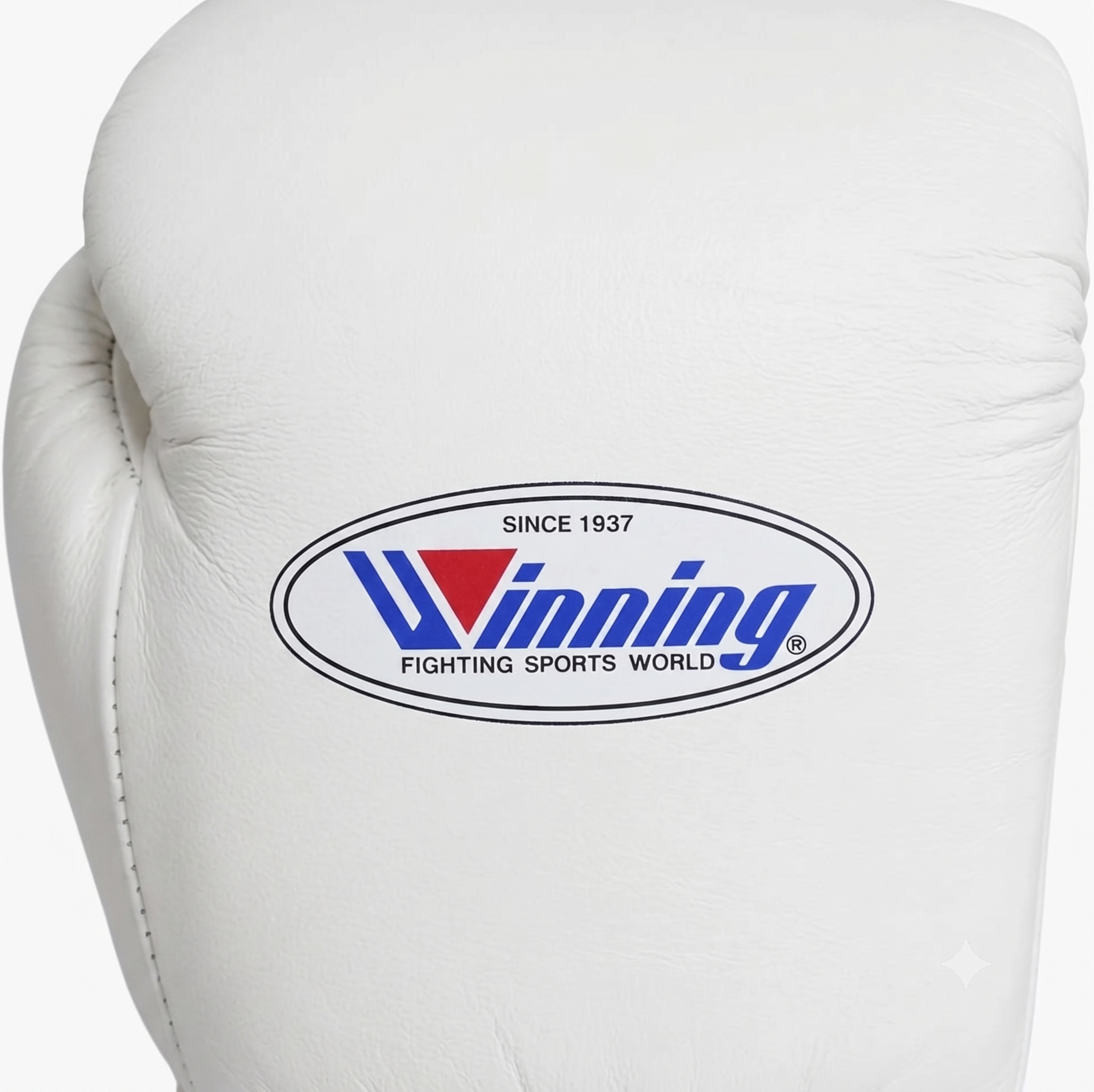 A close-up of a white leather boxing glove featuring the oval Winning Fighting Sports World logo on the front.