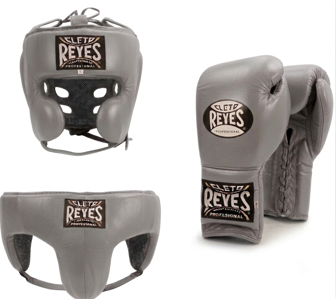 Pure silver metallic Cleto Reyes sparring set with gloves, headguard and groinguard