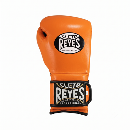 Single Cleto Reyes orange leather boxing glove with black and white brand logo patch