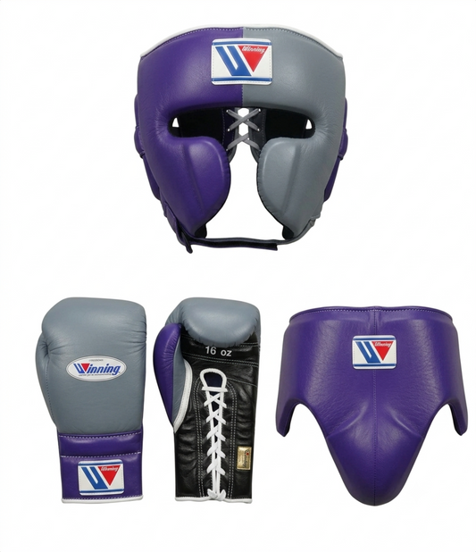 Winning Metallic Gray and Purple 3-piece boxing sparring set with lace-up gloves, split headgear, and groin guard