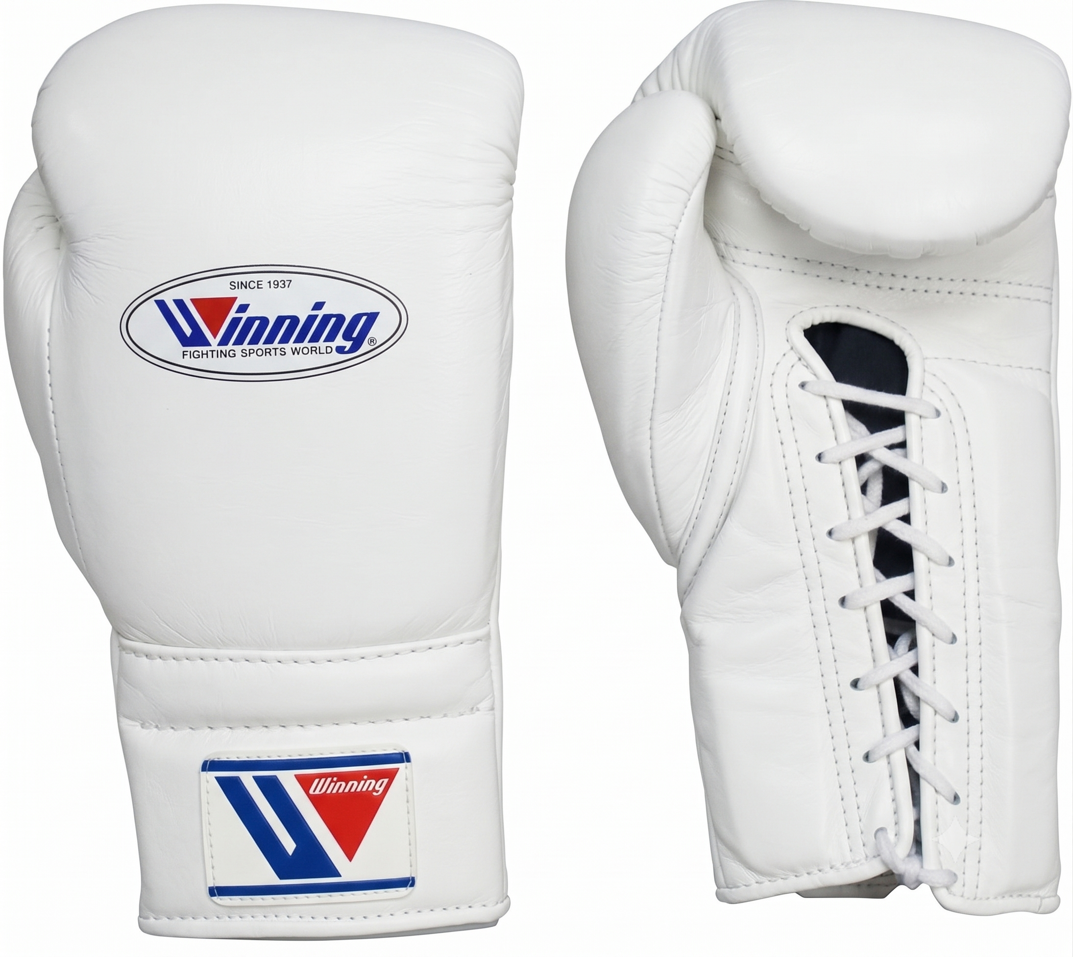A pair of white leather boxing gloves shown on a plain white background, displaying both the front with the Winning logo and the side with the lace-up closure.