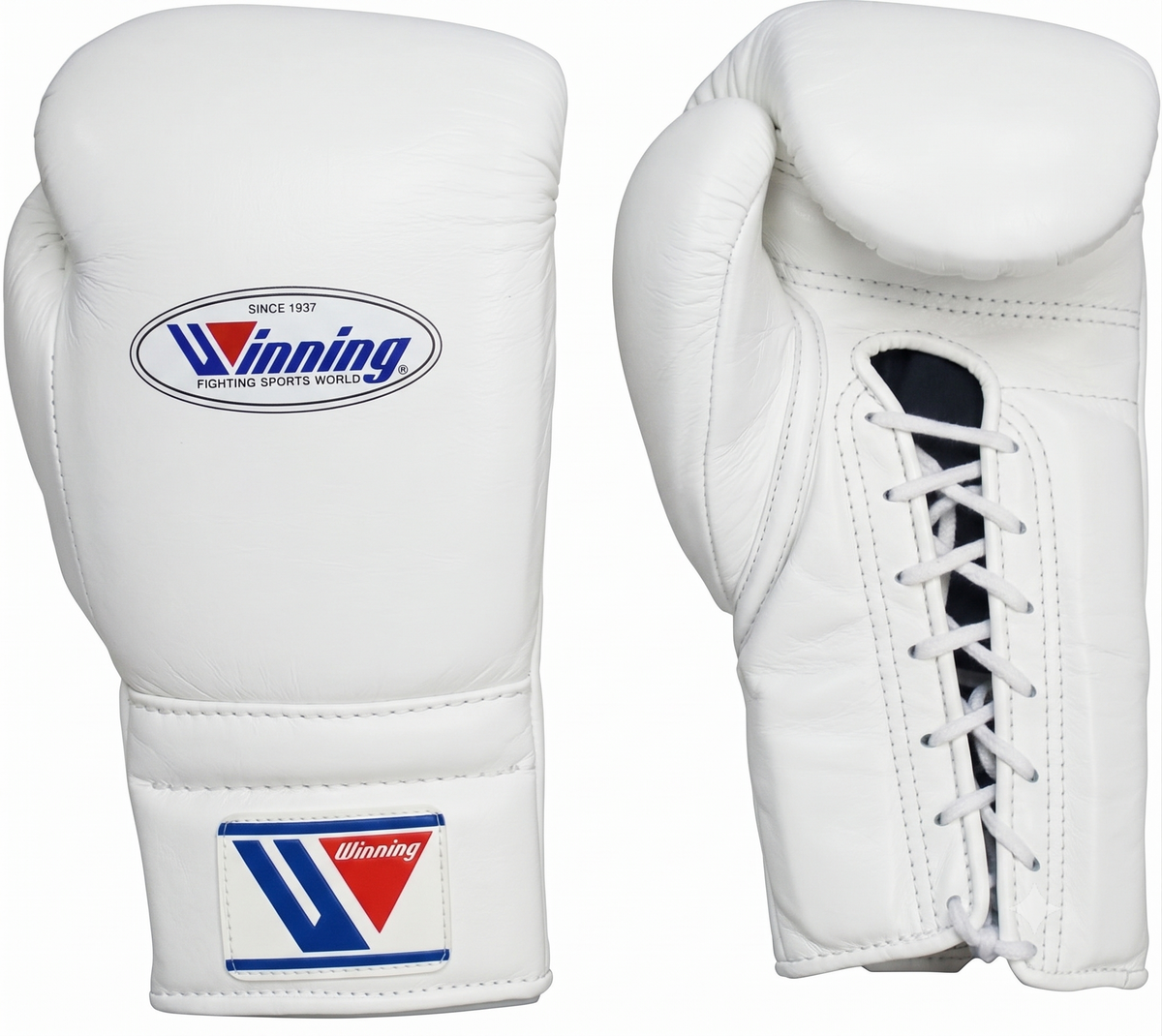 A pair of white leather boxing gloves shown on a plain white background, displaying both the front with the Winning logo and the side with the lace-up closure.