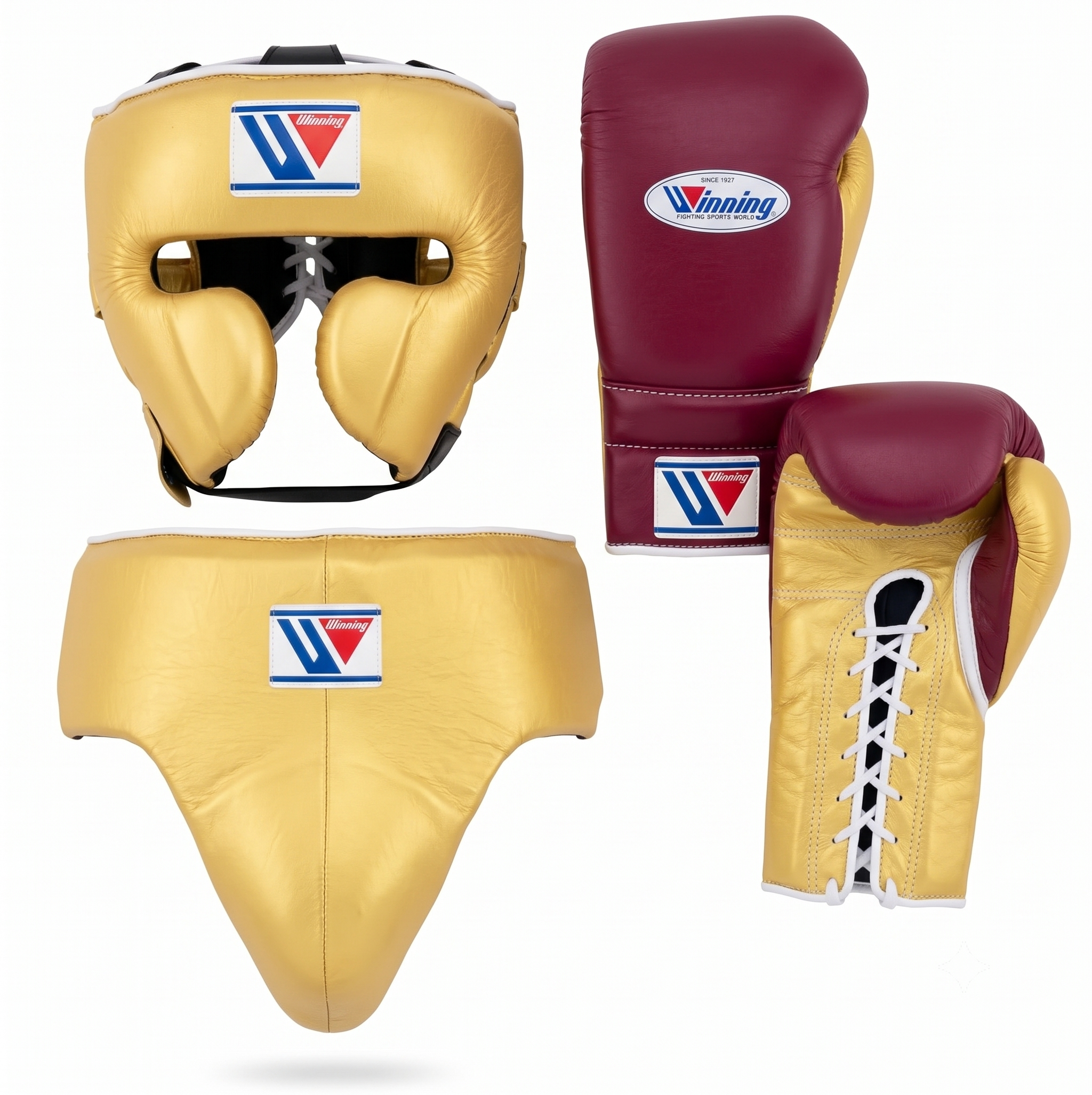 Boxing protective gear set including a gold boxing headguard, matching gold chest guard, maroon and gold boxing gloves, and a maroon and gold boxing glove shown from the back, all on a white background with the Winning brand logo.