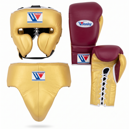 Winning Gold and Maroon 3-piece boxing sparring set with lace-up gloves, FG-2900 headgear, and CPS-500 groin guard