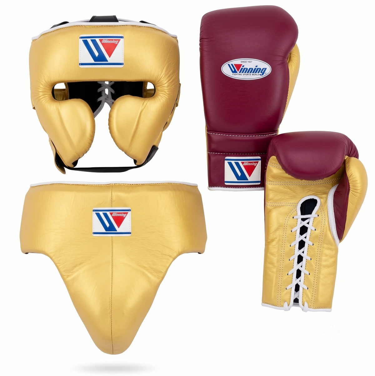 Boxing protective gear set including a gold boxing headguard, matching gold chest guard, maroon and gold boxing gloves, and a maroon and gold boxing glove shown from the back, all on a white background with the Winning brand logo.