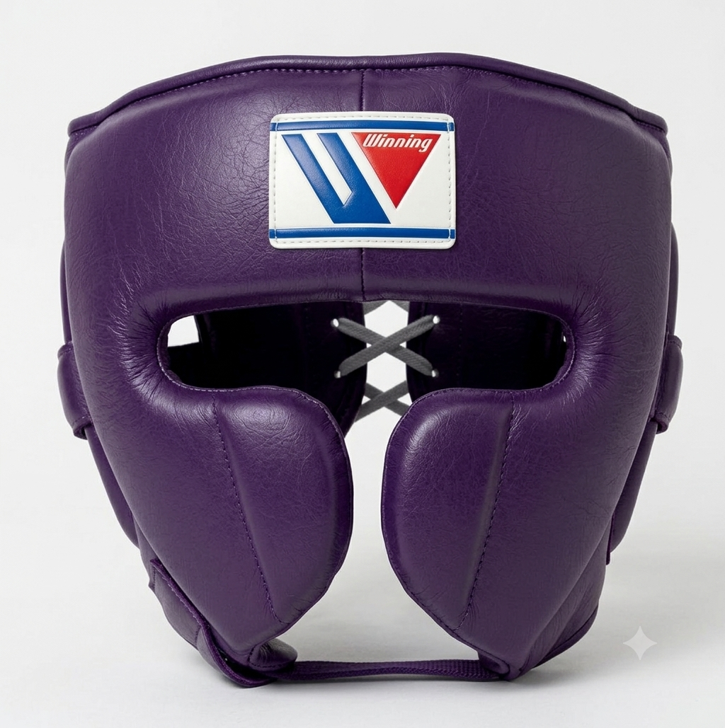 Purple leather boxing headgear with a white, blue, and red Winning brand patch on the forehead, shown against a light gray background.
