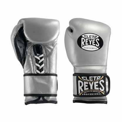 Cleto Reyes Silver Metallic Velcro training boxing gloves pair front and side view