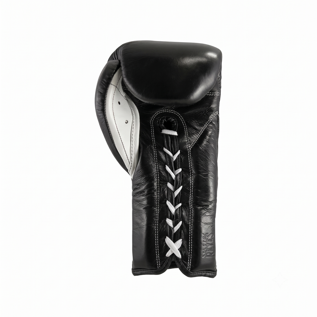 Single Cleto Reyes black leather boxing glove with white laces shown in side profile