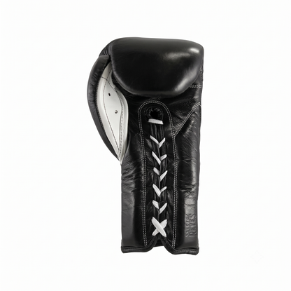 Single Cleto Reyes black leather boxing glove with white laces shown in side profile