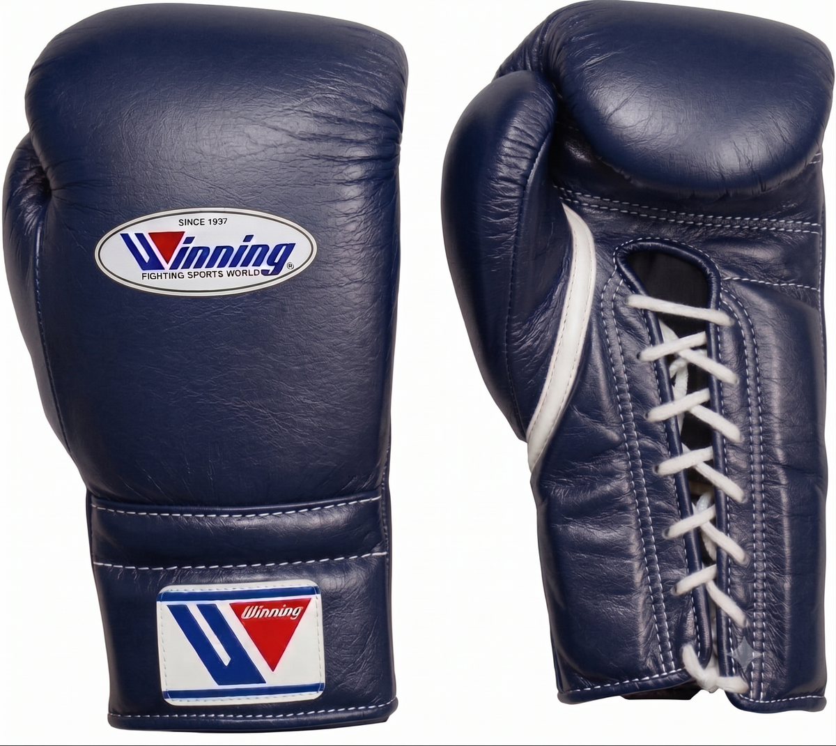 A pair of navy blue leather boxing gloves shown on a white background, displaying both the front with the Winning logo patch and the side with white laces.