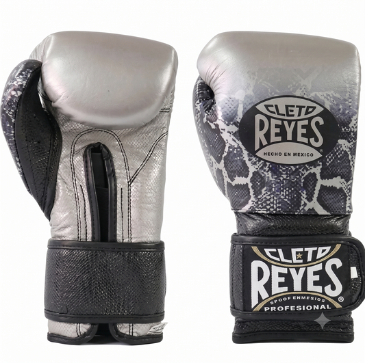 Cleto Reyes Limited Edition Python Silver and Black Velcro training boxing gloves front and back view