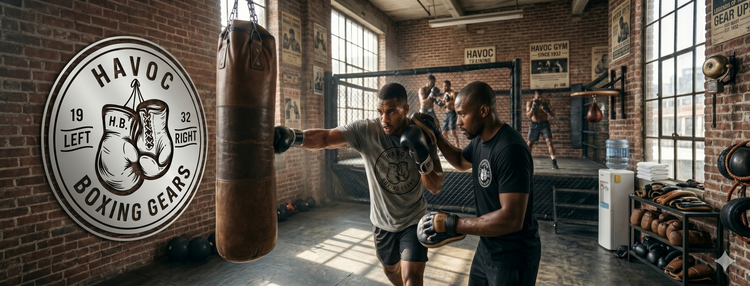 An interior portrait photograph of a traditional, multi-level boxing gym with exposed brick walls and large industrial windows, split into two stacked scenes. The upper scene, viewable through a wire-mesh fence on an elevated level, shows three shirtless boxers training: one sparring with gloves on the left and two others standing on the right. Vintage posters, including one with 'HAVOC TRAINING' and another with 'HAVOC GYM Since 1932', hang on the upper brick walls. A speed bag on a platform and a chain-li