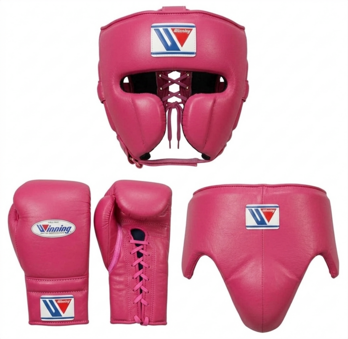 Winning Pastel Pink 3-piece boxing sparring set with lace-up gloves, headgear, and groin guard