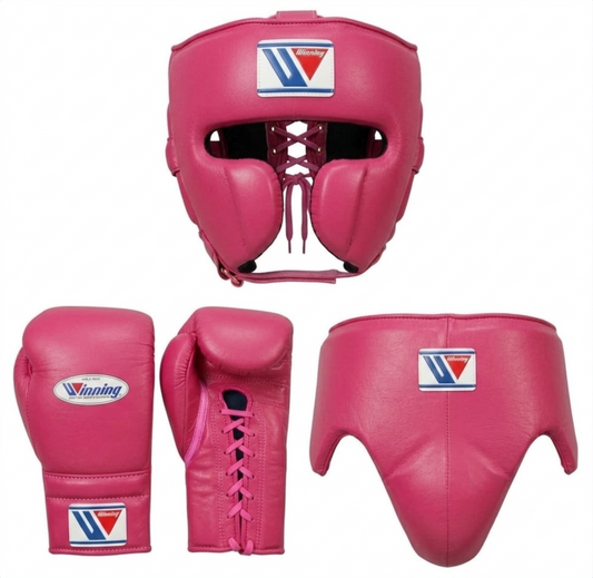 Winning Pastel Pink 3-piece boxing sparring set with lace-up gloves, headgear, and groin guard