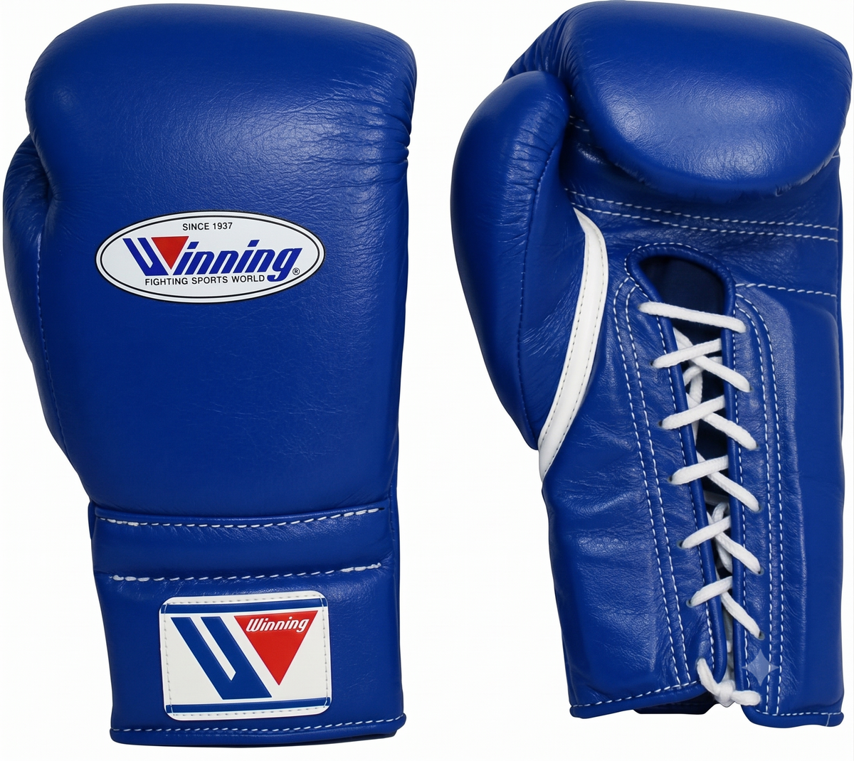 A pair of royal blue leather boxing gloves shown on a plain white background, displaying both the front with the Winning logo and the side with white laces.
