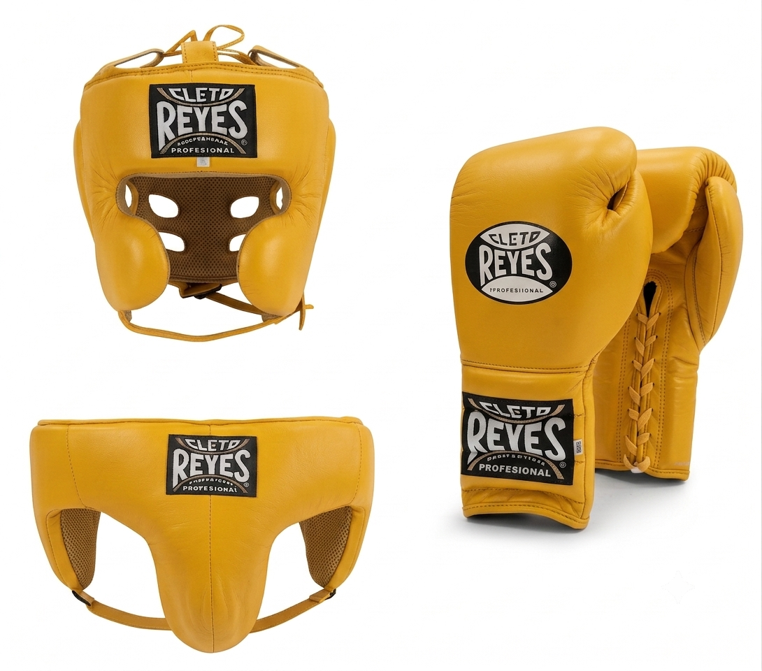Cleto Reyes Mexican Yellow 3-piece boxing sparring set with lace-up gloves, headguard, and groinguard